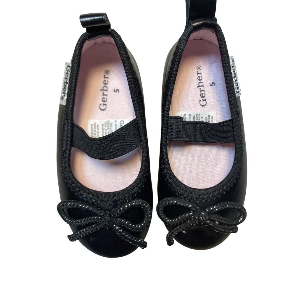 Gerber Baby Girls Black Ballet Flats With Bow Detail Size 5